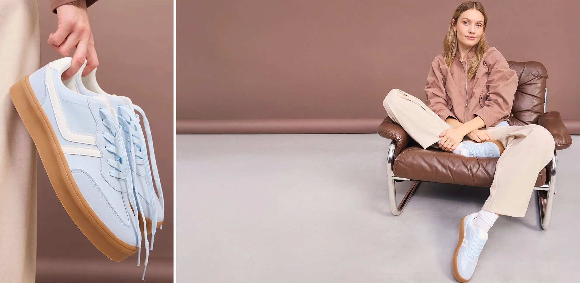 Jachetă maro combinată cu pantaloni bej și sneakers bleu.