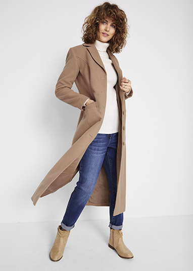 Palton maxi din stofiţă maro-camel