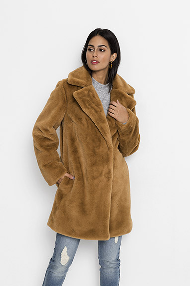 Jachetă lungă din imitaţie de blană maro-camel
