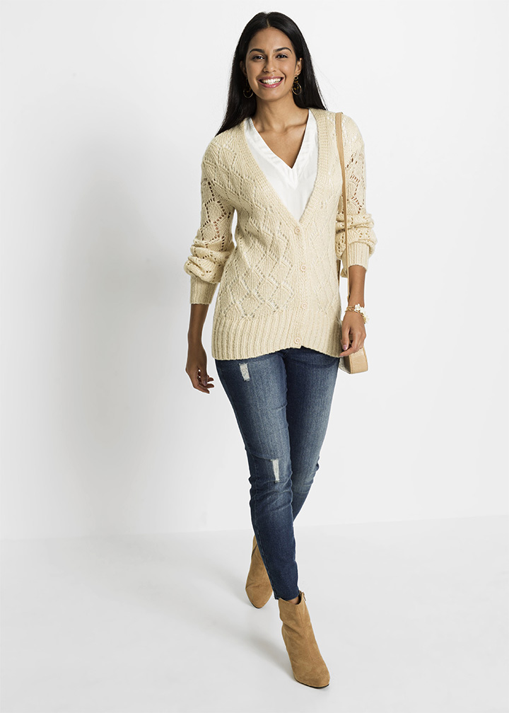 Jachetă cu design ajour bej-prund melanj