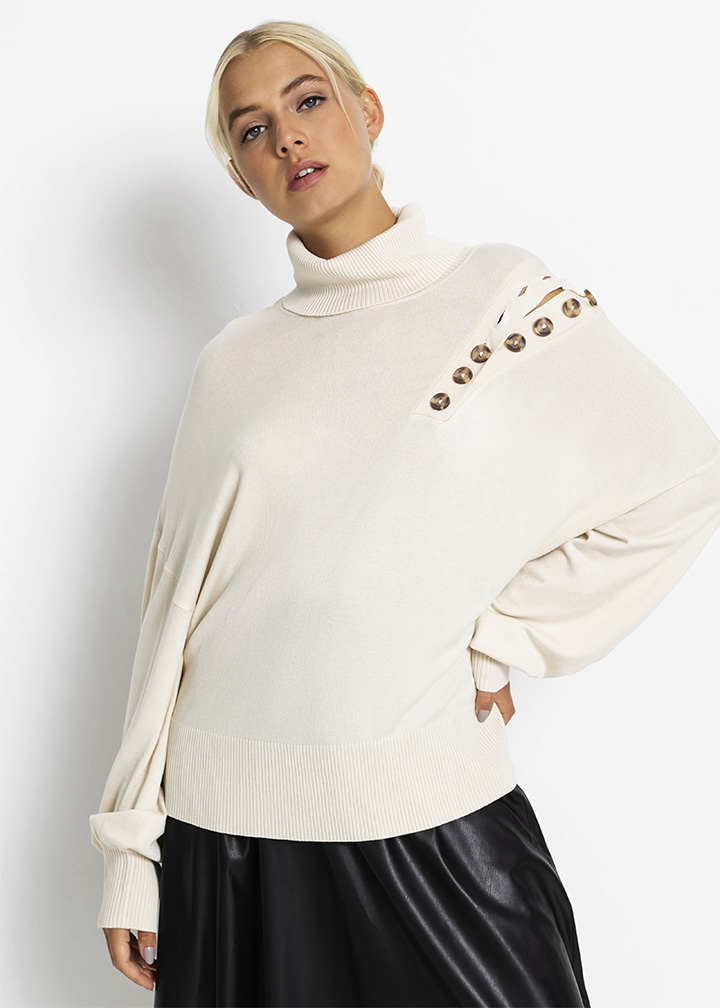 Pulover cu viscoză sustenabilă, nasturi bej-prundiș