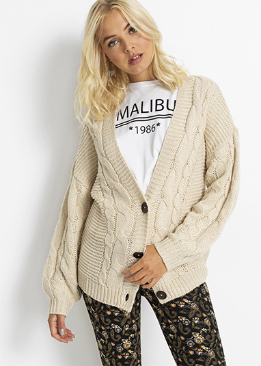 Jachetă tricotată cu torsade bej-prundiș
